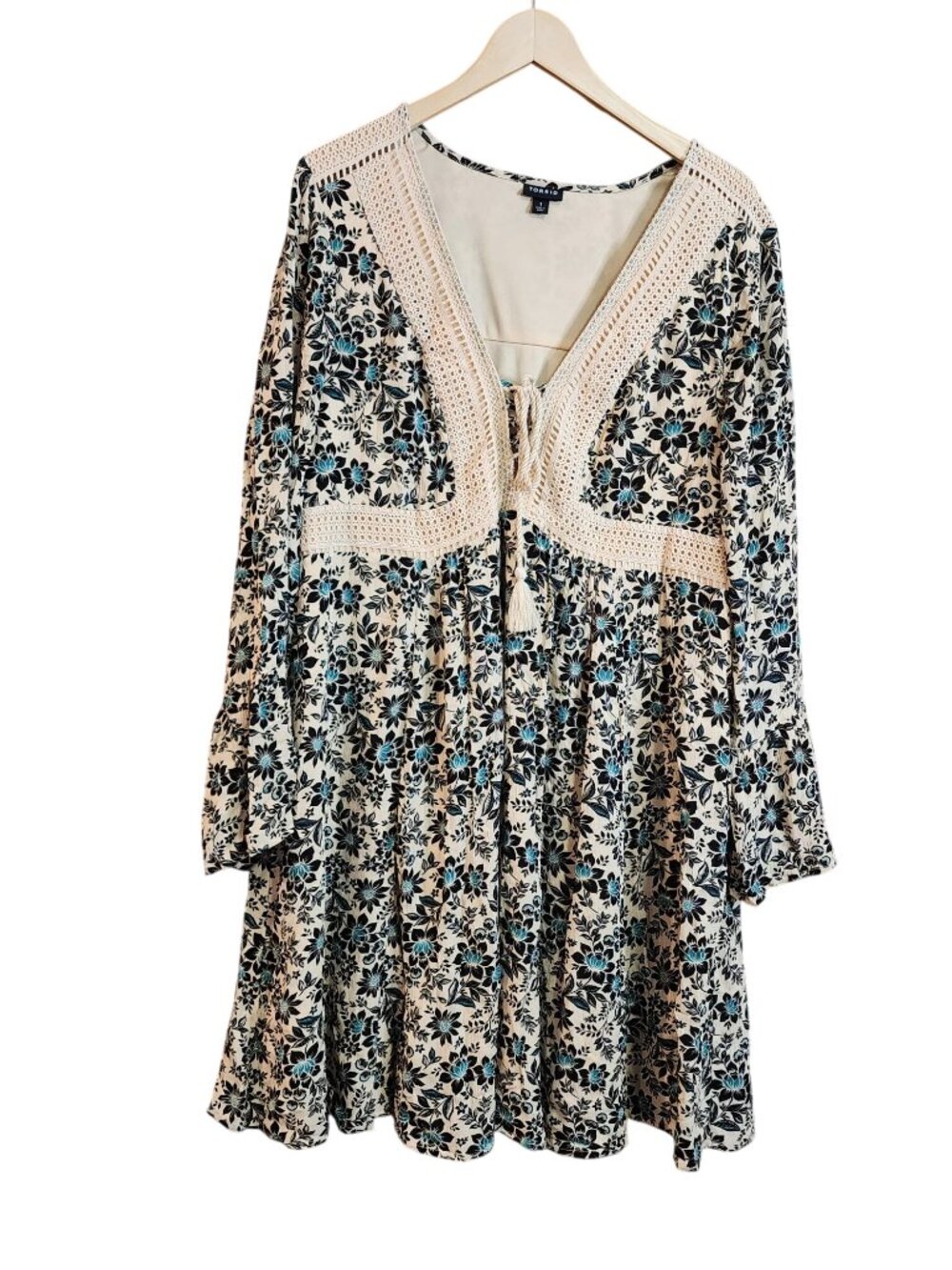 Torrid Mini Gauze Lace-Up Floral Skater V Neck Dress Beige 1 1X 14 16 NWOT - Picture 5 of 7